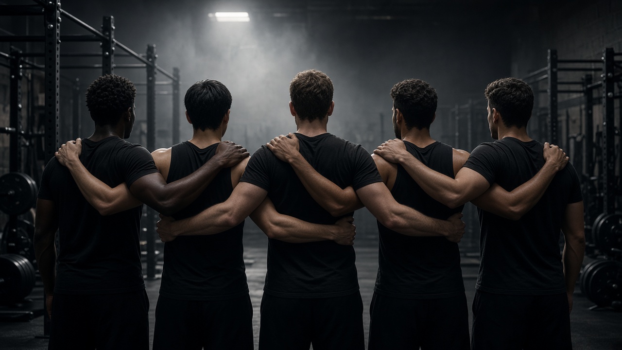 Men standing together with arms around each other